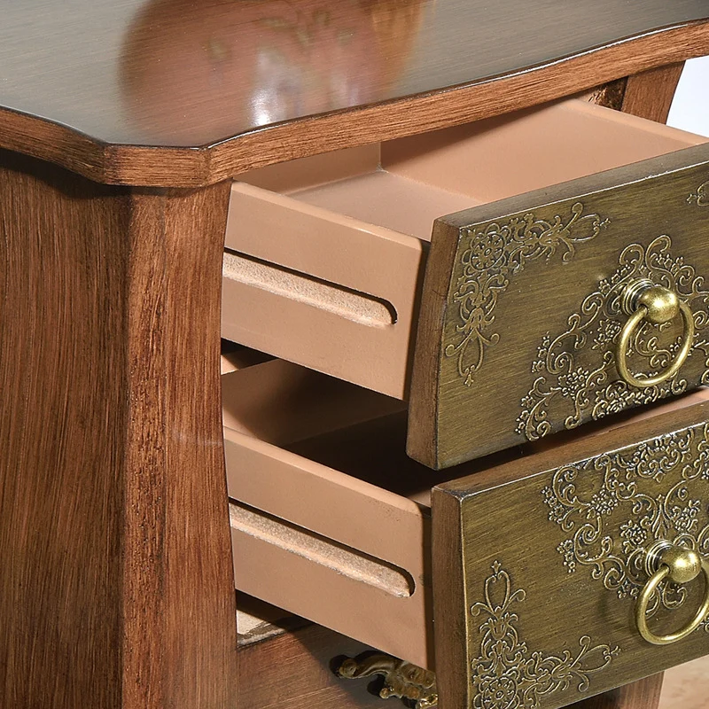 Traditional European Square Arabesque Birch Wood MDF End Table 2-Drawer For Living Room