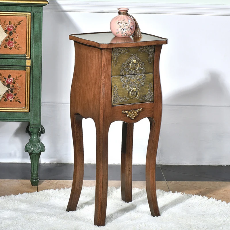 Traditional European Square Arabesque Birch Wood MDF End Table 2-Drawer For Living Room