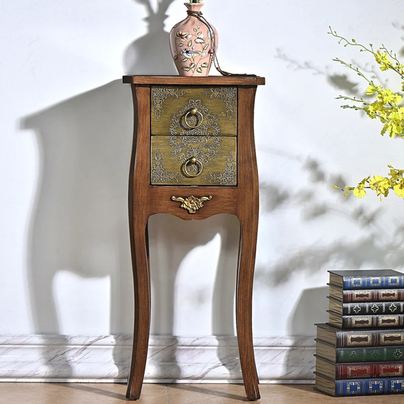 Traditional European Square Arabesque Birch Wood MDF End Table 2-Drawer For Living Room