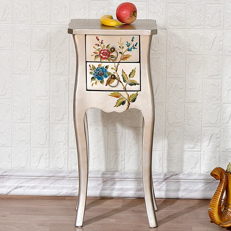 Traditional European Square Arabesque Birch Wood MDF End Table 2-Drawer For Living Room
