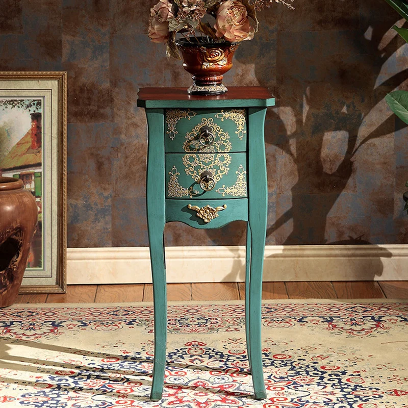 Traditional European Square Arabesque Birch Wood MDF End Table 2-Drawer For Living Room