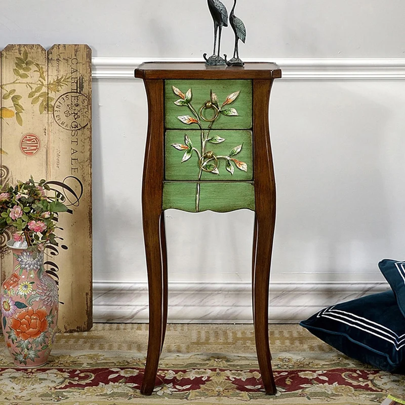 Traditional European Square Arabesque Birch Wood MDF End Table 2-Drawer For Living Room