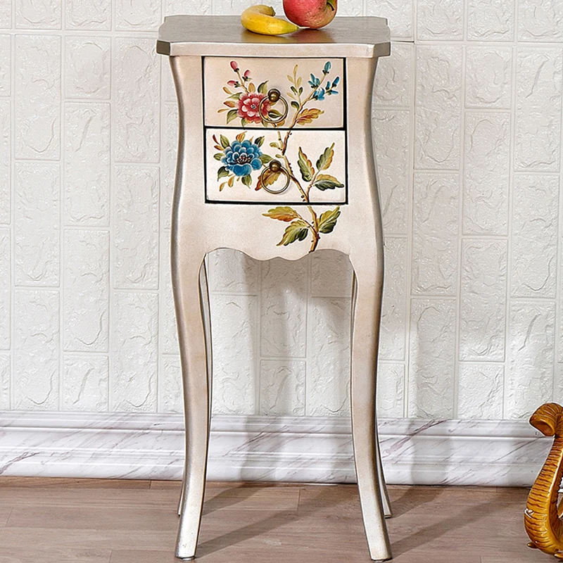 Traditional European Square Arabesque Birch Wood MDF End Table 2-Drawer For Living Room