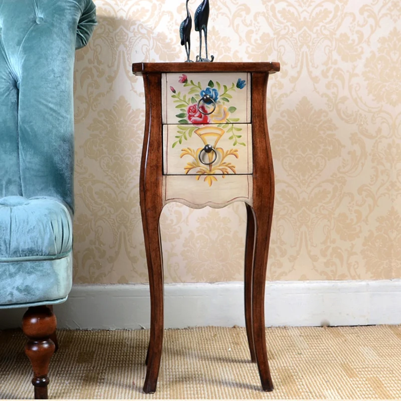 Traditional European Square Arabesque Birch Wood MDF End Table 2-Drawer For Living Room
