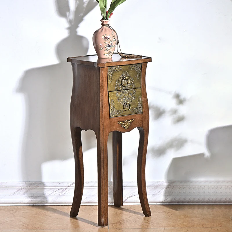 Traditional European Square Arabesque Birch Wood MDF End Table 2-Drawer For Living Room
