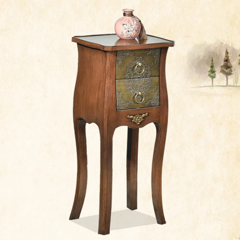 Traditional European Square Arabesque Birch Wood MDF End Table 2-Drawer For Living Room
