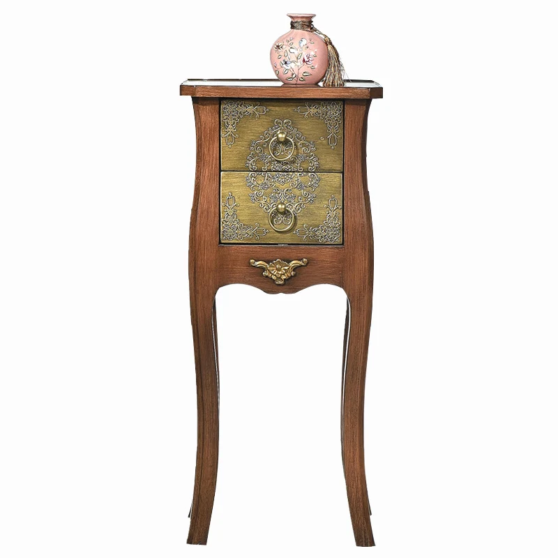 Traditional European Square Arabesque Birch Wood MDF End Table 2-Drawer For Living Room