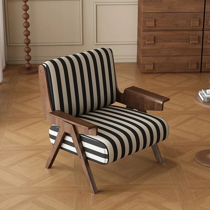 Traditional French Rectangular Striped Fabric Ash Wood Accent Chair Backrest Armrest For Living Room