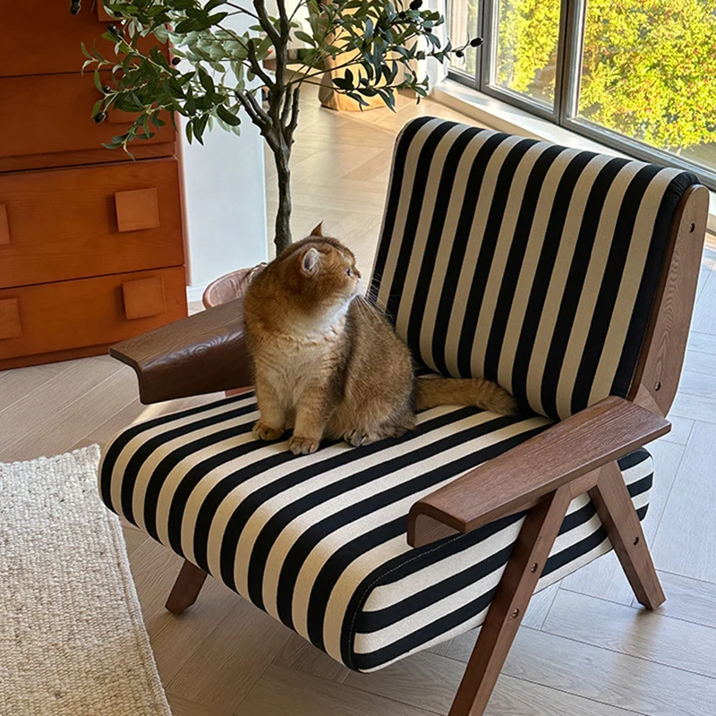 Traditional French Rectangular Striped Fabric Ash Wood Accent Chair Backrest Armrest For Living Room