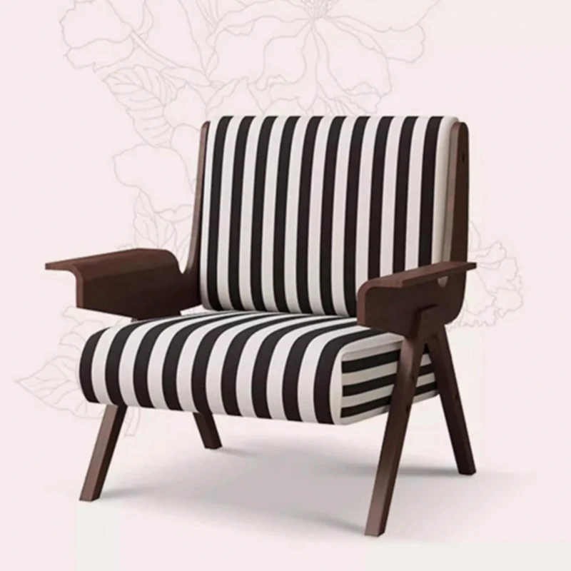 Traditional French Rectangular Striped Fabric Ash Wood Accent Chair Backrest Armrest For Living Room