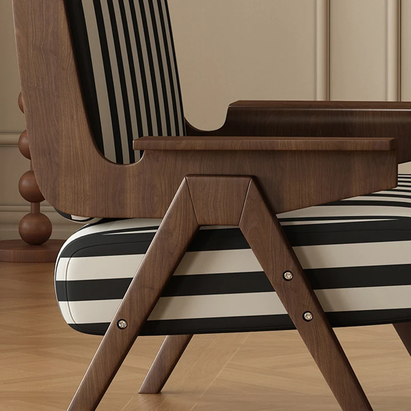 Traditional French Rectangular Striped Fabric Ash Wood Accent Chair Backrest Armrest For Living Room