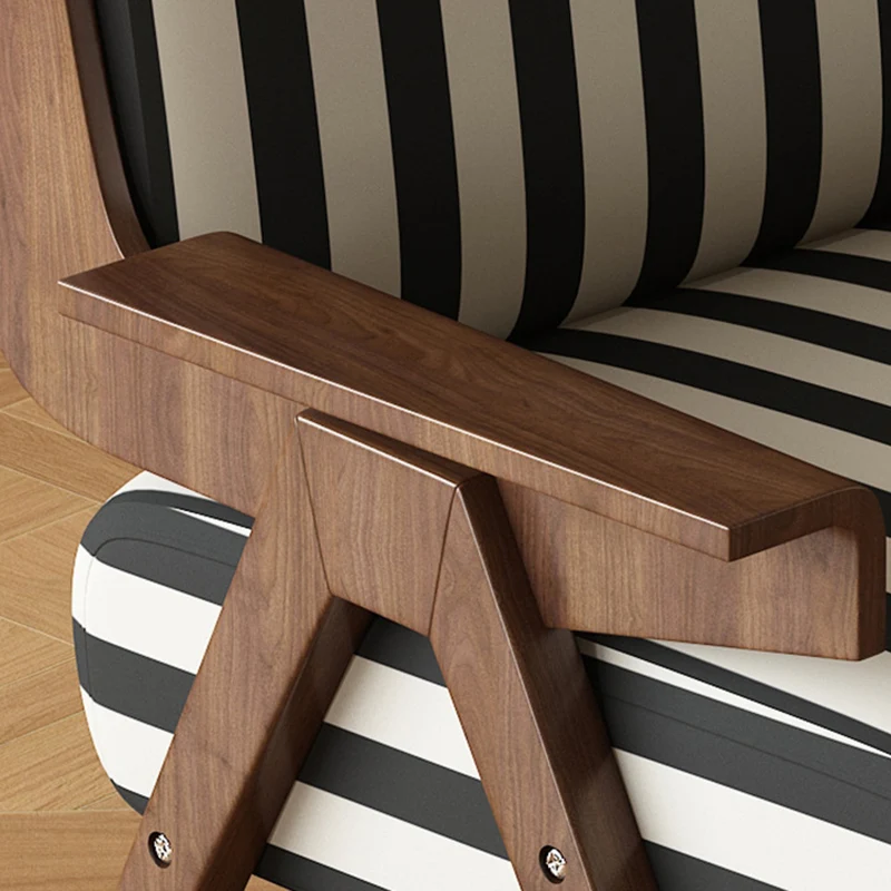Traditional French Rectangular Striped Fabric Ash Wood Accent Chair Backrest Armrest For Living Room