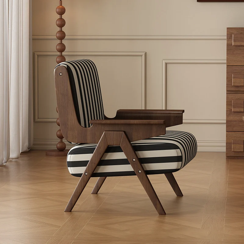 Traditional French Rectangular Striped Fabric Ash Wood Accent Chair Backrest Armrest For Living Room