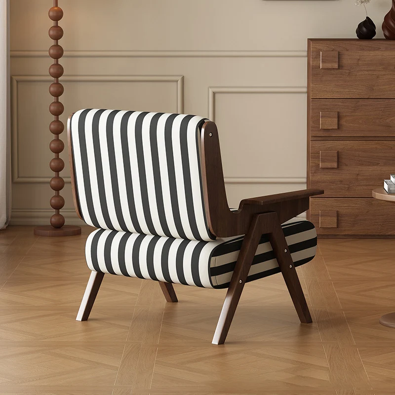 Traditional French Rectangular Striped Fabric Ash Wood Accent Chair Backrest Armrest For Living Room