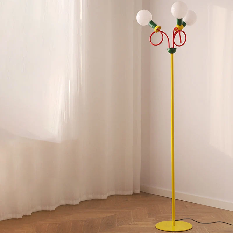 Contemporary Retro Curved Pole Round Ball Fruit Iron Glass 3-Light Standing Floor Lamp For Living Room