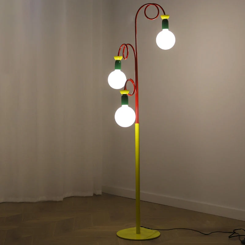 Contemporary Retro Curved Pole Round Ball Fruit Iron Glass 3-Light Standing Floor Lamp For Living Room