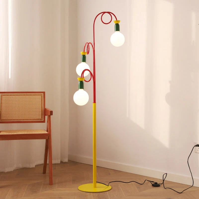 Contemporary Retro Curved Pole Round Ball Fruit Iron Glass 3-Light Standing Floor Lamp For Living Room