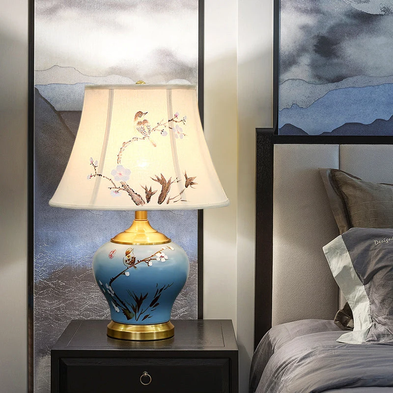 Traditional Chinese Plum Blossom Cylindrical Copper Ceramic Fabric 1-Light Table Lamp For Bedroom