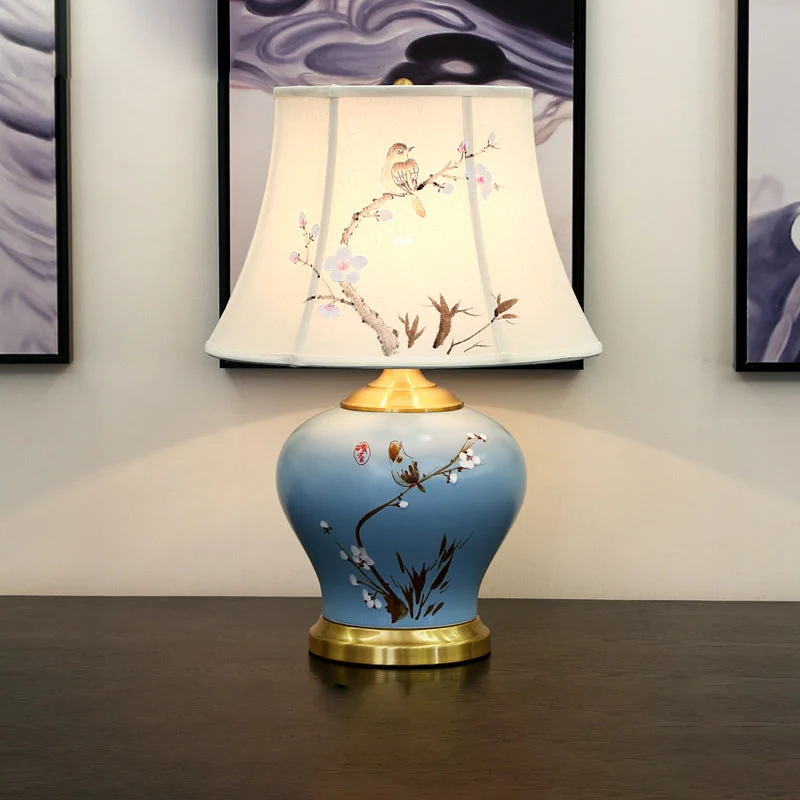 Traditional Chinese Plum Blossom Cylindrical Copper Ceramic Fabric 1-Light Table Lamp For Bedroom