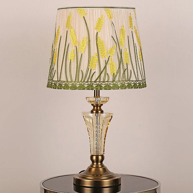 Traditional European Cylinder Hardware Crystal Fabric 1-Light Table Lamp For Bedroom