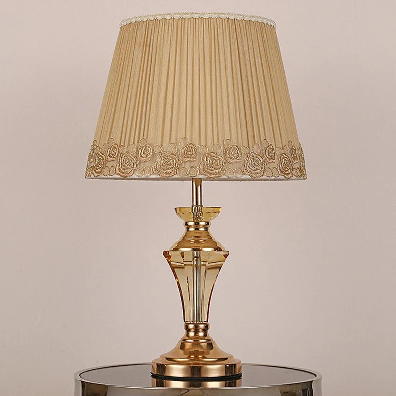 Traditional European Cylinder Hardware Crystal Fabric 1-Light Table Lamp For Bedroom