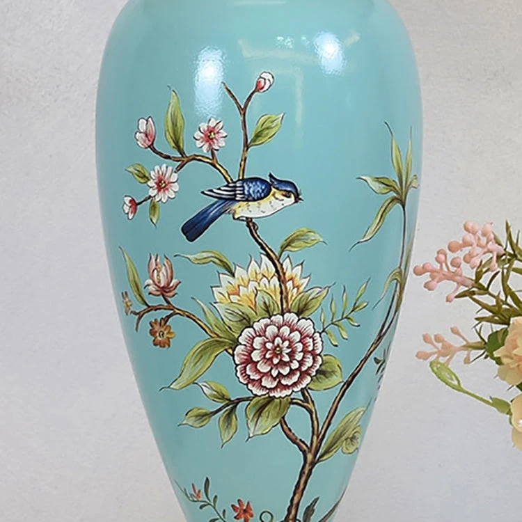 Traditional Chinese Bird And Flower Cylinder Hardware Ceramic Fabric 1-Light Table Lamp For Bedroom