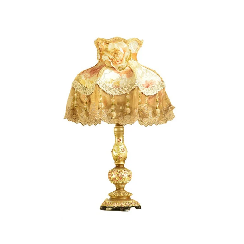 Contemporary Scandinavian Sculpted Floral Resin Iron Metal Fabric 1-Light Table Lamp For Bedroom