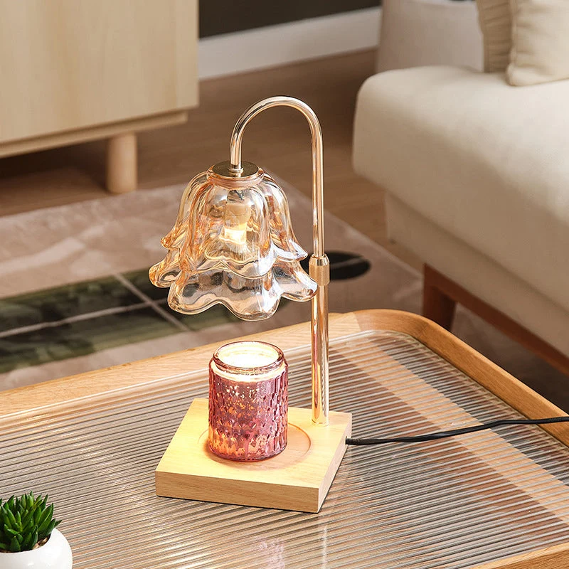 Modern Art Deco Floral Glass Metal Wood 1-Light Melting Wax Table Lamp For Bedroom