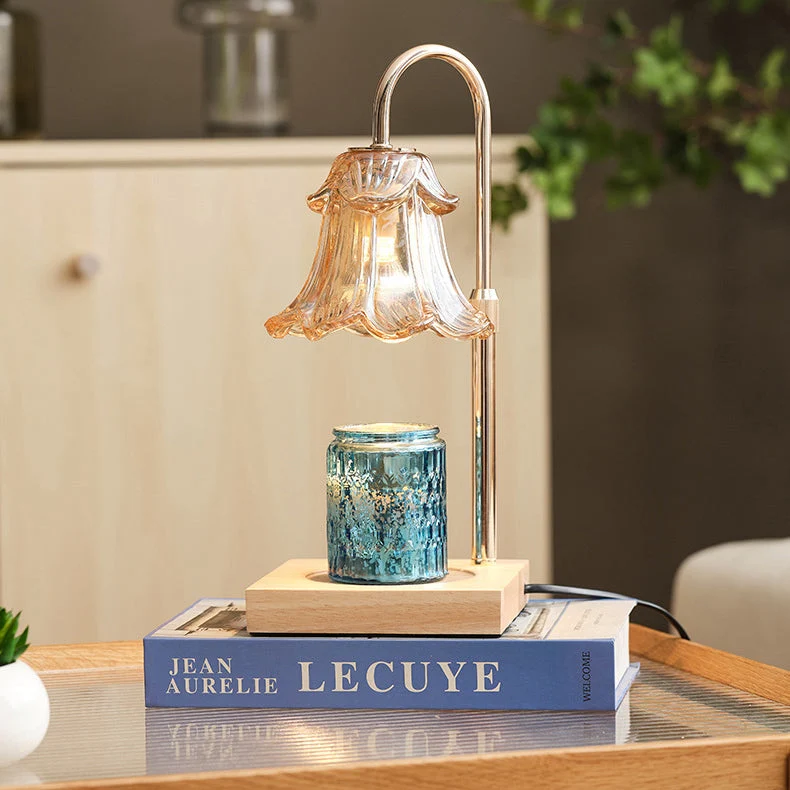 Modern Art Deco Floral Glass Metal Wood 1-Light Melting Wax Table Lamp For Bedroom