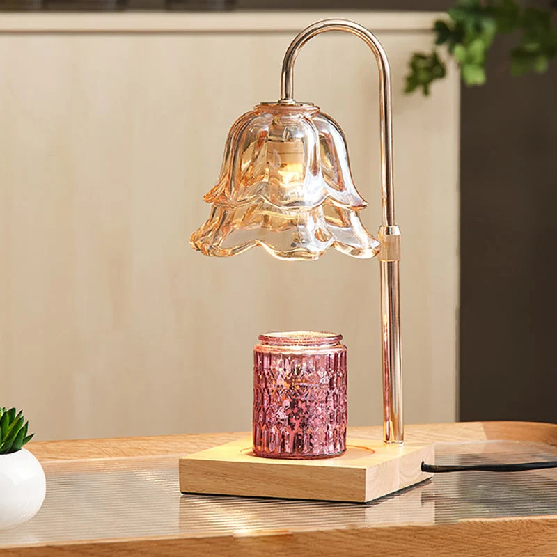 Modern Art Deco Floral Glass Metal Wood 1-Light Melting Wax Table Lamp For Bedroom