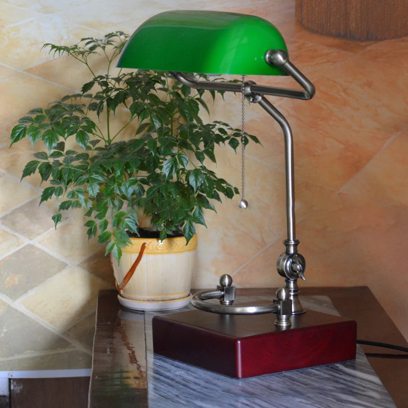Traditional Vintage Square Green Shade Glass Solid Wood Iron 1-Light Table Lamp For Living Room