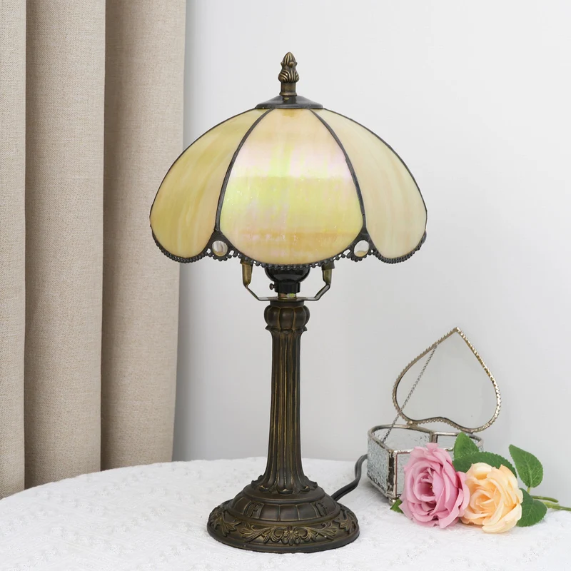 Traditional Tiffany Half Round Stained Glass Resin 1-Light Table Lamp For Bedroom