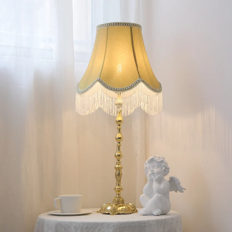 Traditional Vintage Round Copper Fabric Cylinder Fringed Trapezoid 1-Light Table Lamp For Bedroom