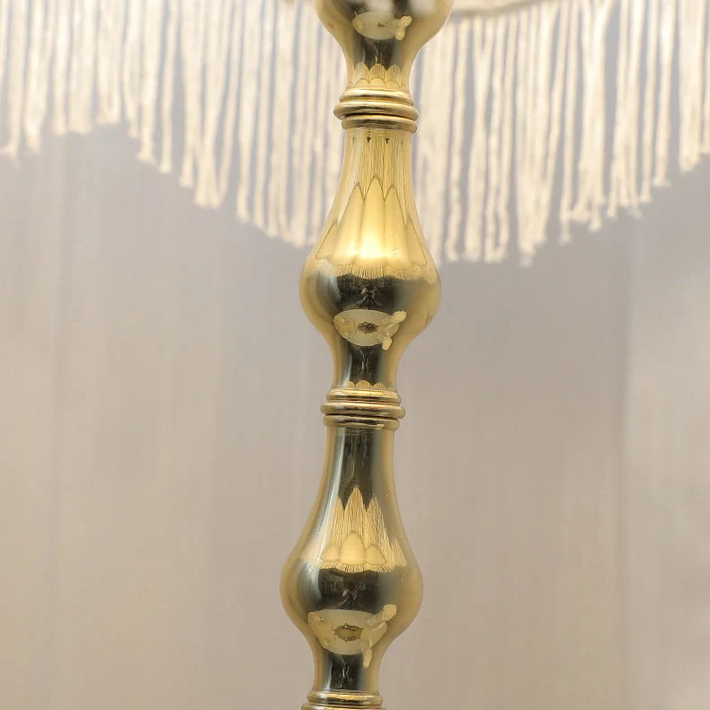 Traditional Vintage Round Copper Fabric Cylinder Fringed Trapezoid 1-Light Table Lamp For Bedroom