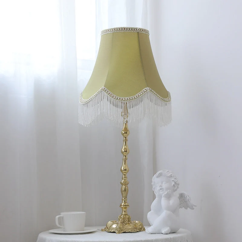 Traditional Vintage Round Copper Fabric Cylinder Fringed Trapezoid 1-Light Table Lamp For Bedroom