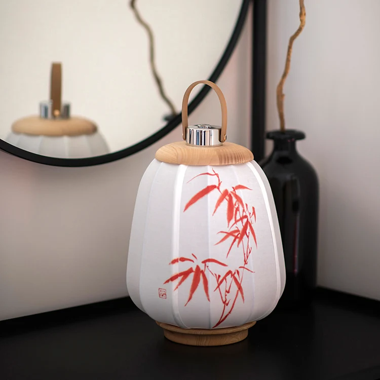 Traditional Chinese Leather Wood Stainless Steel Fabric Flower Bamboo Leaf Rechargeable LED Hanging Table Lamp For Bedside