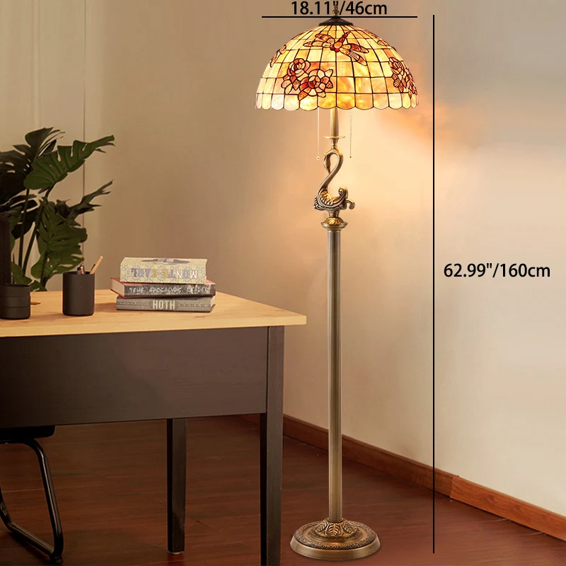 Traditional Tiffany Brass Shell Dome Rose Dragonfly 3-Light Standing Floor Lamp For Living Room