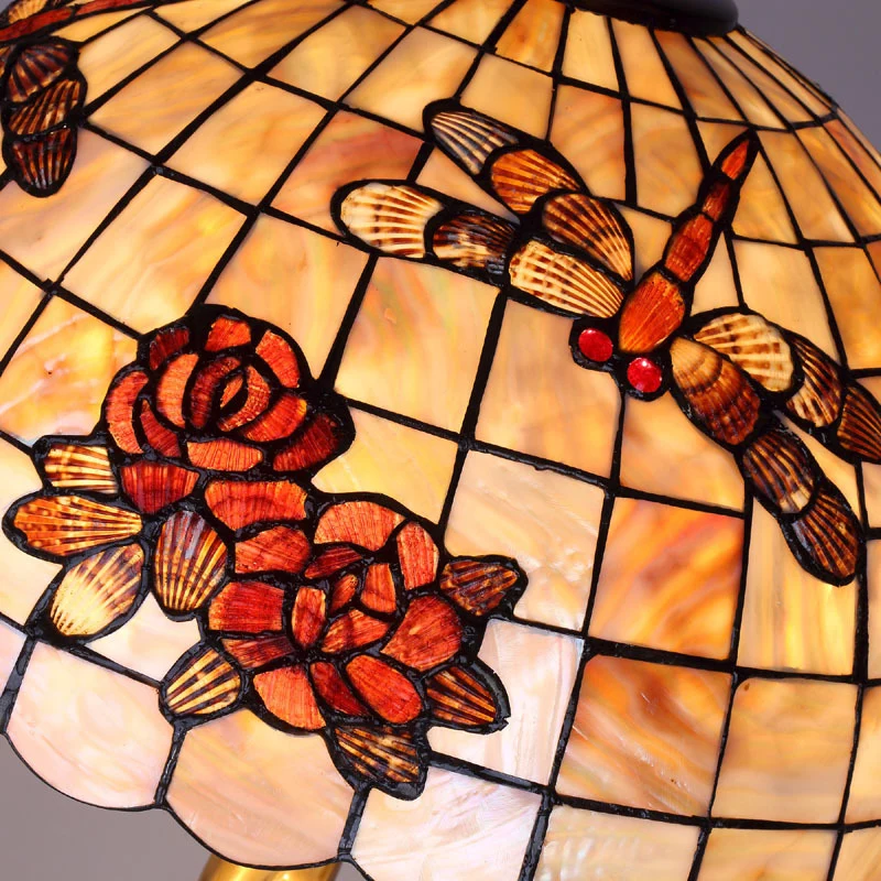 Traditional Tiffany Brass Shell Dome Rose Dragonfly 3-Light Standing Floor Lamp For Living Room