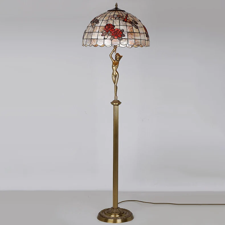 Traditional Tiffany Brass Shell Dome Rose Dragonfly 3-Light Standing Floor Lamp For Living Room