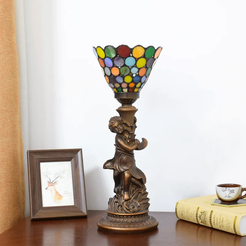 Traditional European Resin Glass Floral Round Boy 1-Light Table Lamp For Study