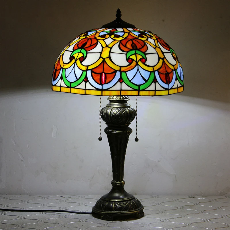 Traditional Tiffany Resin Glass Dome Hemispheric Flower 2-Light Table Lamp For Bedside