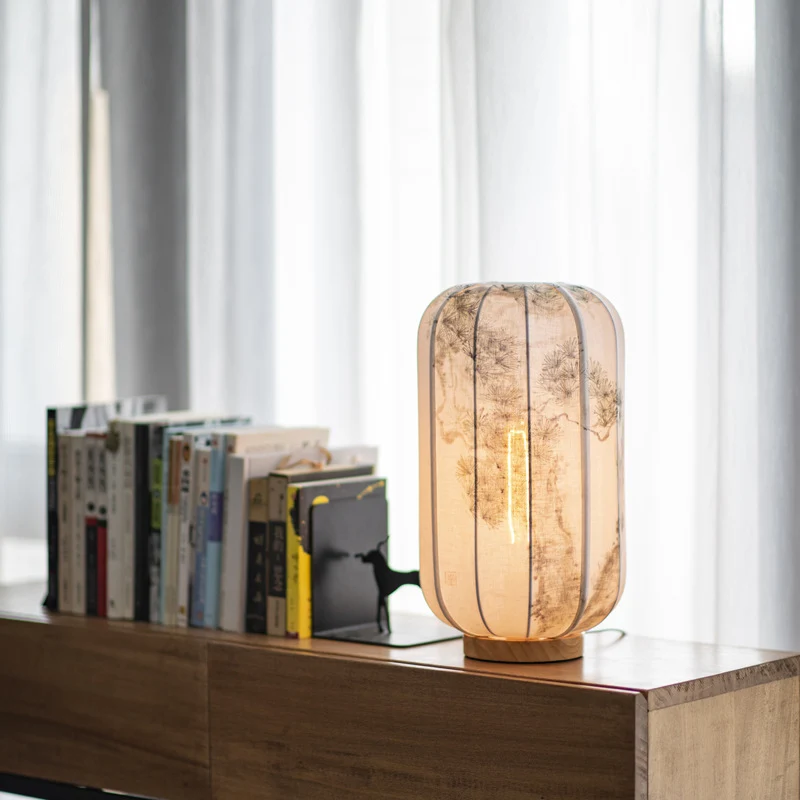 Traditional Chinese Wood Cotton Hemp Cylinder Bamboo Leaf 1-Light Table Lamp For Bedside