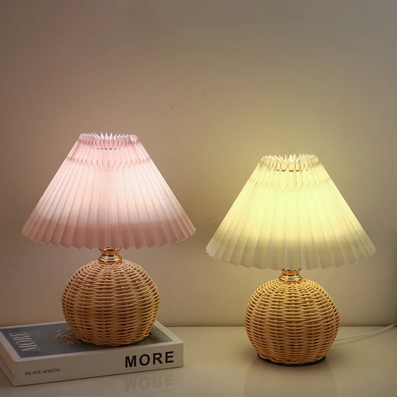 Contemporary Nordic Rattan Fabric Pleated Conic Ball LED Table Lamp For Bedroom