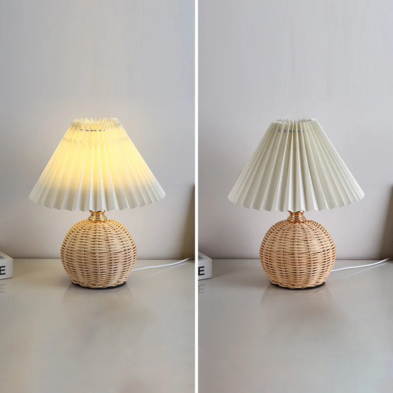 Contemporary Nordic Rattan Fabric Pleated Conic Ball LED Table Lamp For Bedroom