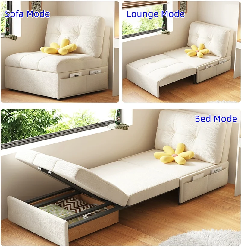 Sofá cama convertible 3 en 1 de tela de terciopelo con almacenamiento inferior.
