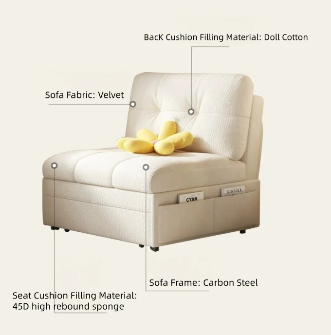 Sofá cama convertible 3 en 1 de tela de terciopelo con almacenamiento inferior.