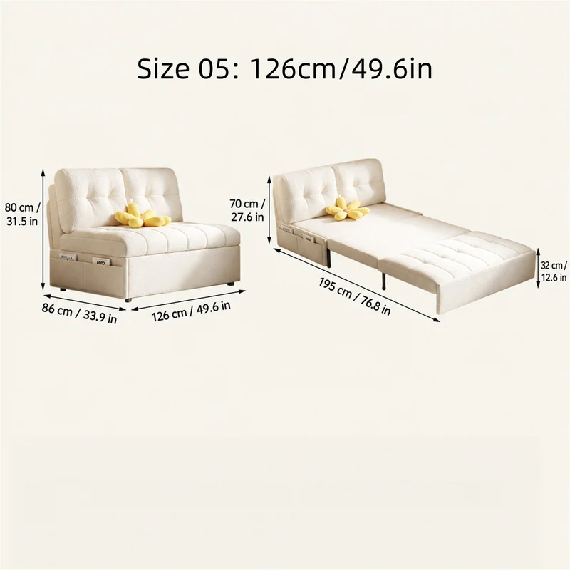 Sofá cama convertible 3 en 1 de tela de terciopelo con almacenamiento inferior.