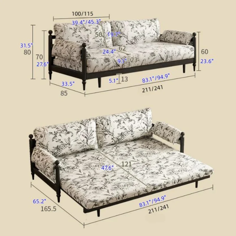 Sofá cama Gland con estructura de madera maciza de fresno y tapizado en tela de terciopelo estampada.