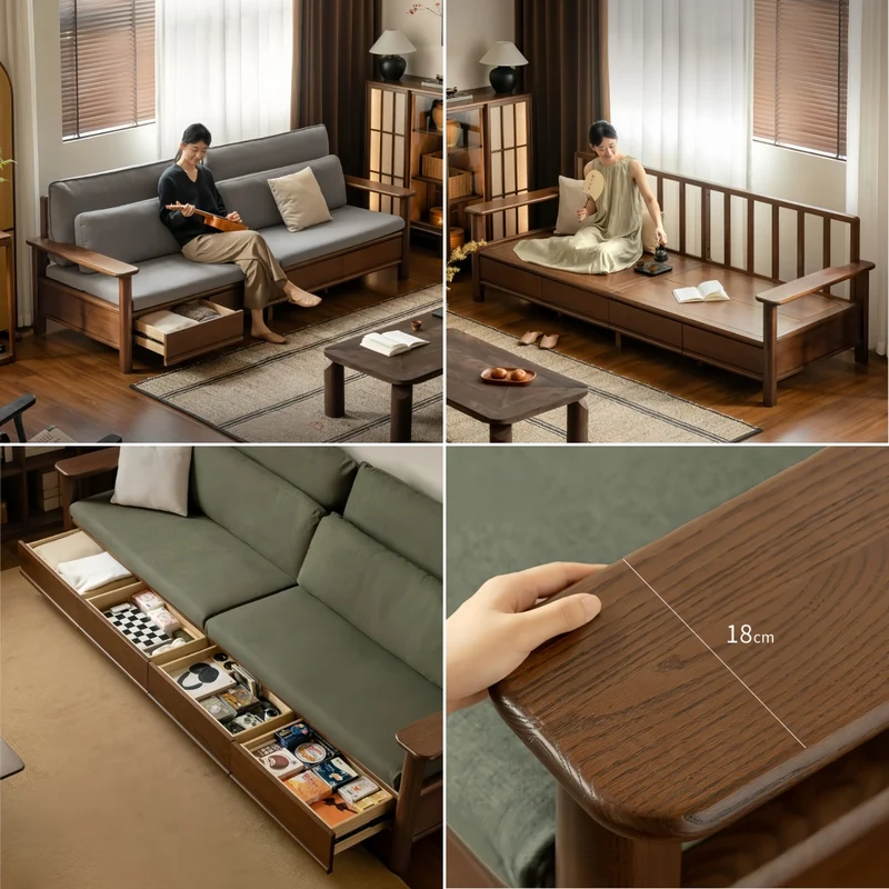 Sofá de madera maciza de roble con amplios reposabrazos, cajones de almacenamiento debajo y fundas extraíbles.