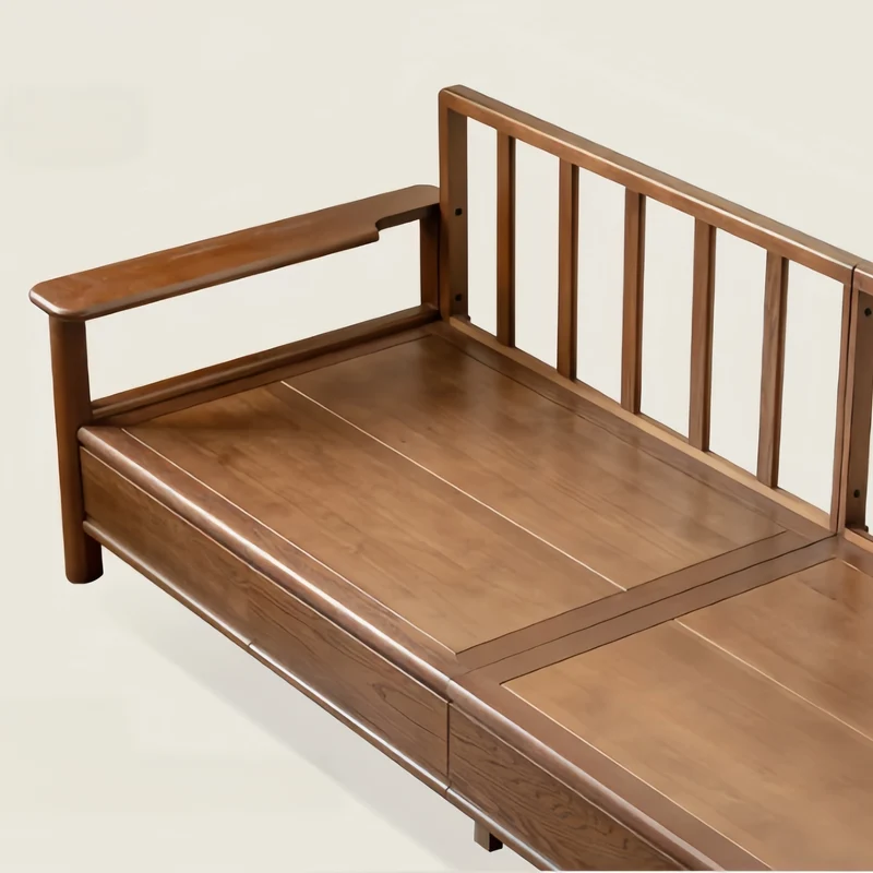 Sofá de madera maciza de roble con amplios reposabrazos, cajones de almacenamiento debajo y fundas extraíbles.